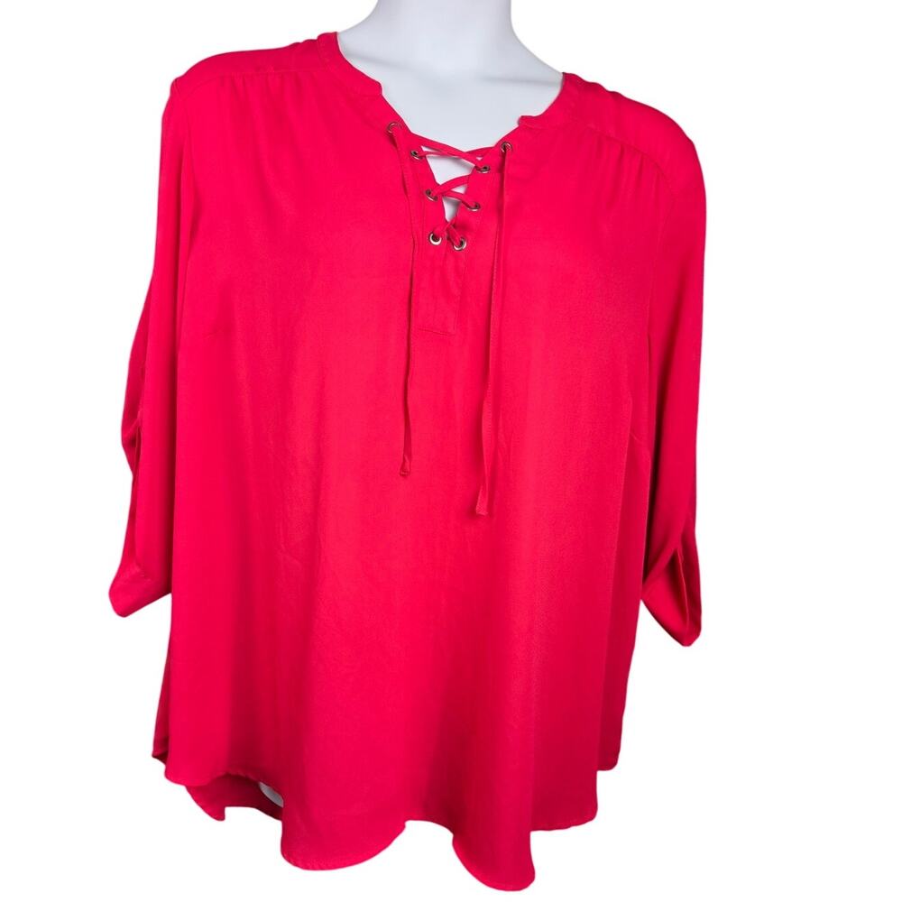 Torrid Harper Blouse Size 4 (26-28) Hot Pink Lace Up Grommet 3/4 Sleeves